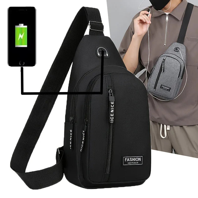 Bolsa de peito masculina com furo para fone de ouvido, grande capacidade, Oxford, esportes ao ar livre, moda, pequena mochila, bolsa de ombro masculina