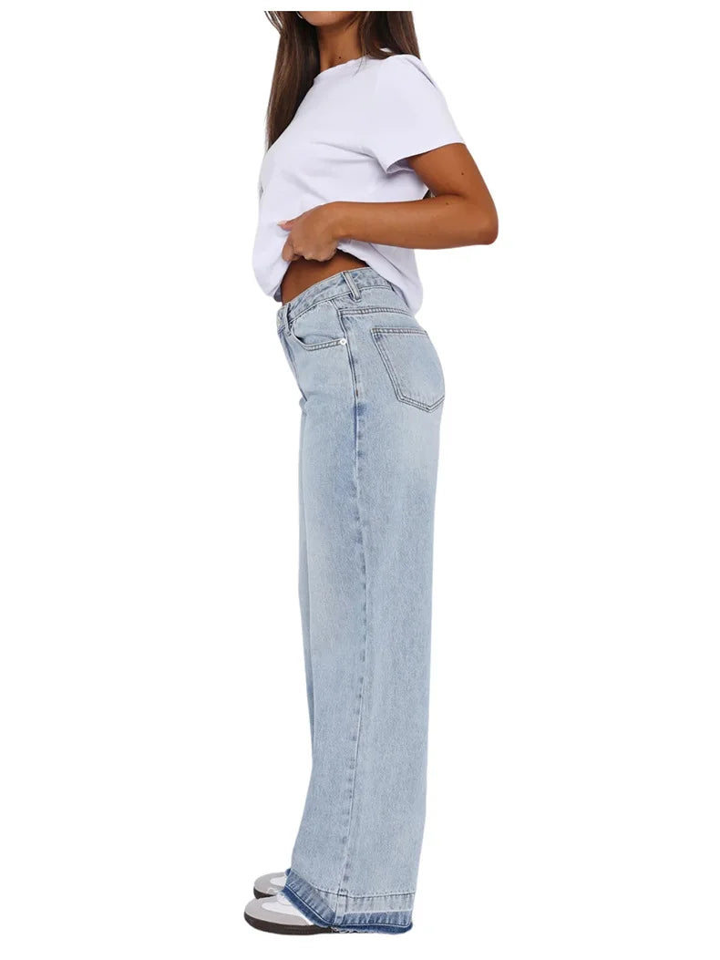 Calça Jeans Feminina Mom Longa Mid Waist Reta Trousers Y2k Streetwear Elegante Splice Club Simples Primavera 2025 Azul