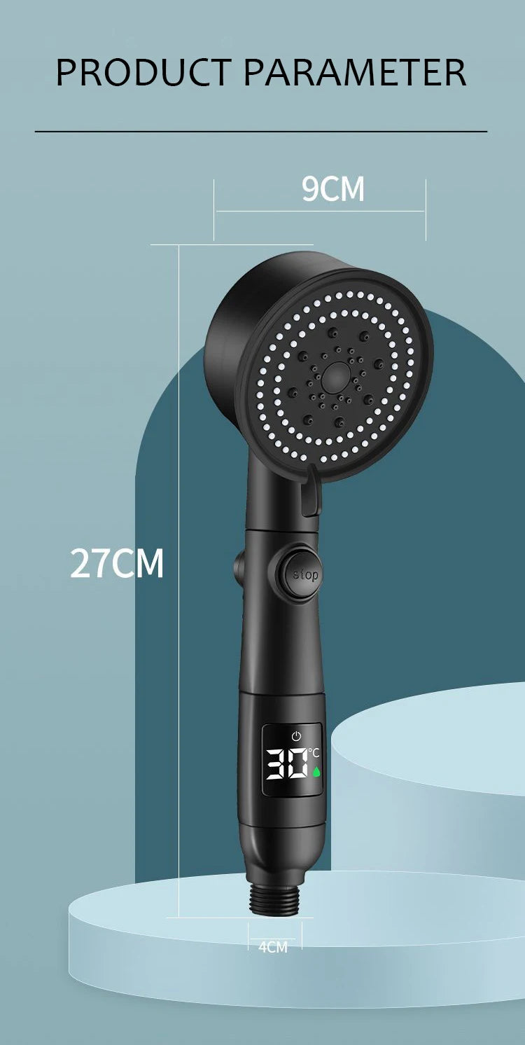 Chuveiro de alta pressão com temperatura inteligente, visor digital, graus de rotação, com ventilador pequeno, acessórios de banheiro ABS Rain