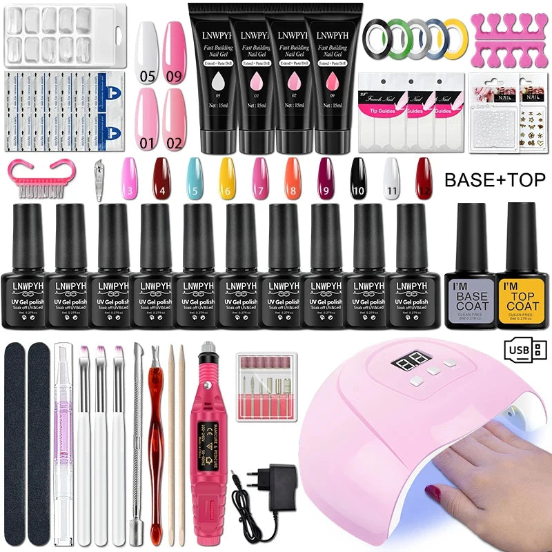 Kit de esmalte em gel com lâmpada UV para unhas, máquina elétrica de furadeira para unhas, kit de base e acabamento para unhas em gel Soak Off