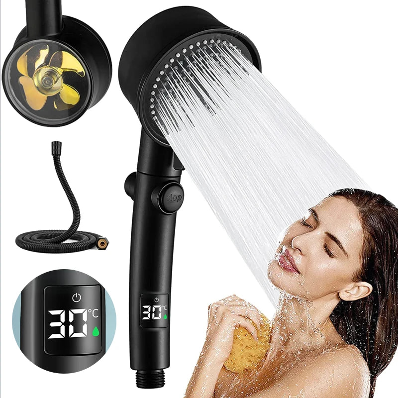 Chuveiro de alta pressão com temperatura inteligente, visor digital, graus de rotação, com ventilador pequeno, acessórios de banheiro ABS Rain