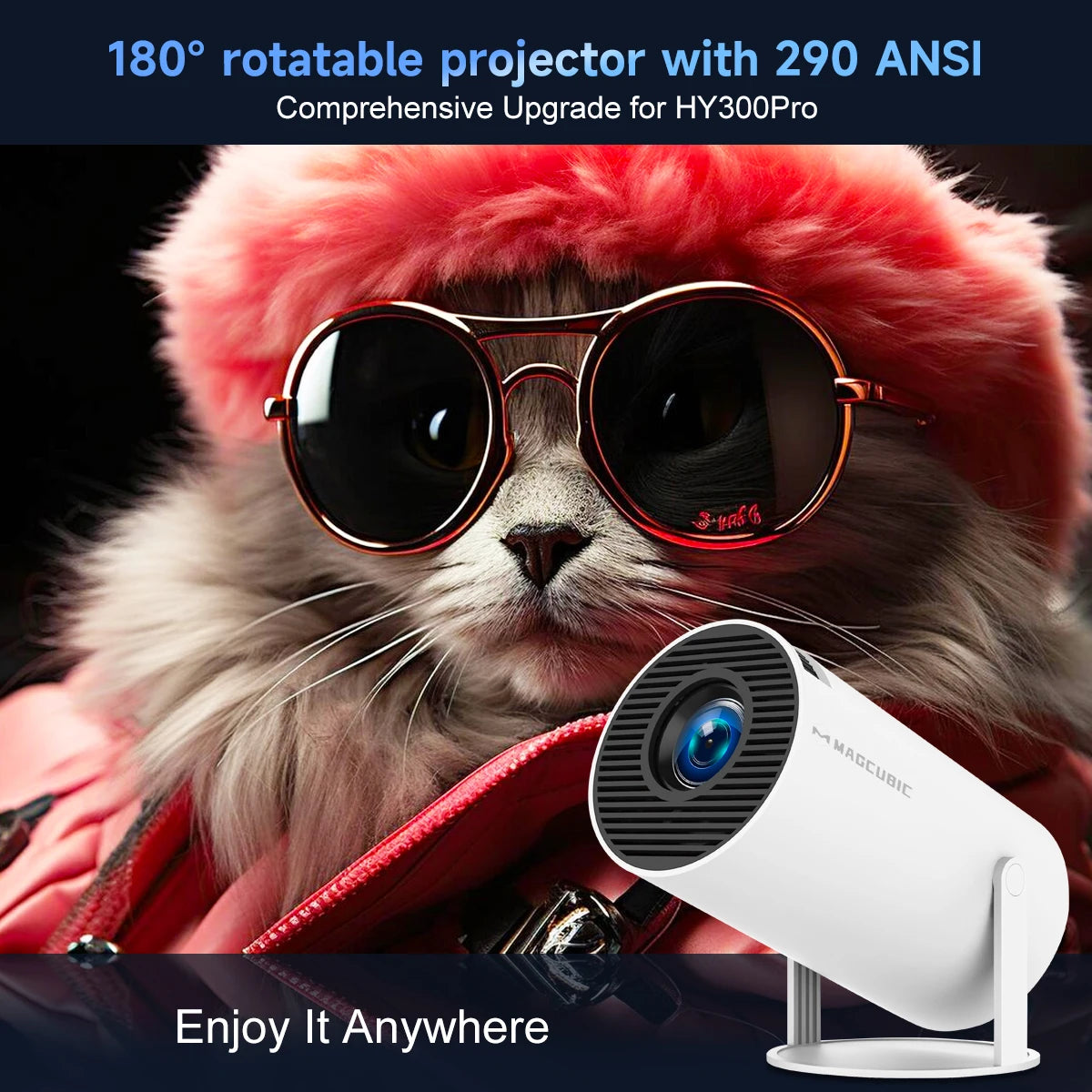Projetor Magcubic Android 11 4K 1280*720P HY300 Pro + Dual Wifi 290ANSI Projetor Portátil de Cinema ao Ar Livre Flexível a 180° BT5.0