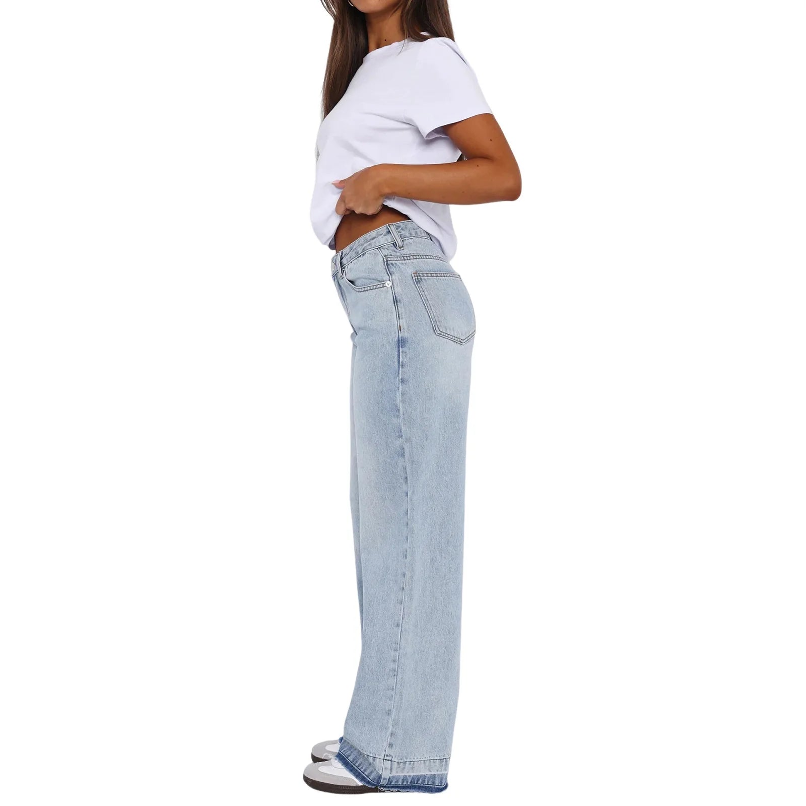 Calça Jeans Feminina Mom Longa Mid Waist Reta Trousers Y2k Streetwear Elegante Splice Club Simples Primavera 2025 Azul