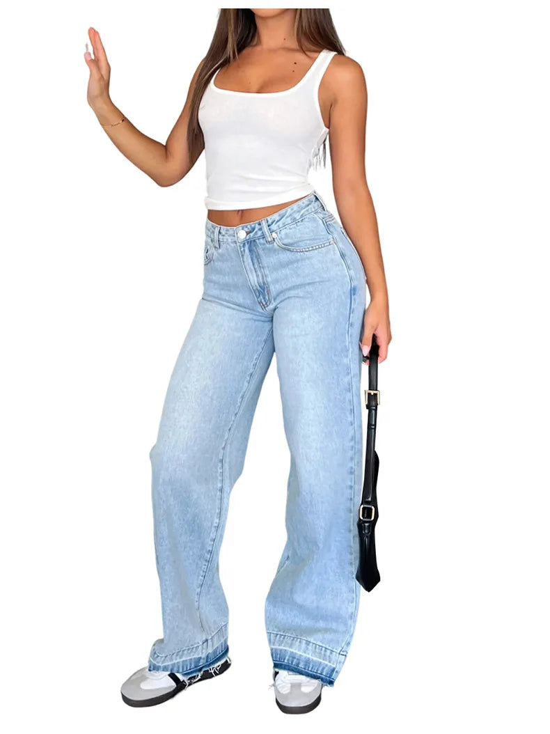 Calça Jeans Feminina Mom Longa Mid Waist Reta Trousers Y2k Streetwear Elegante Splice Club Simples Primavera 2025 Azul