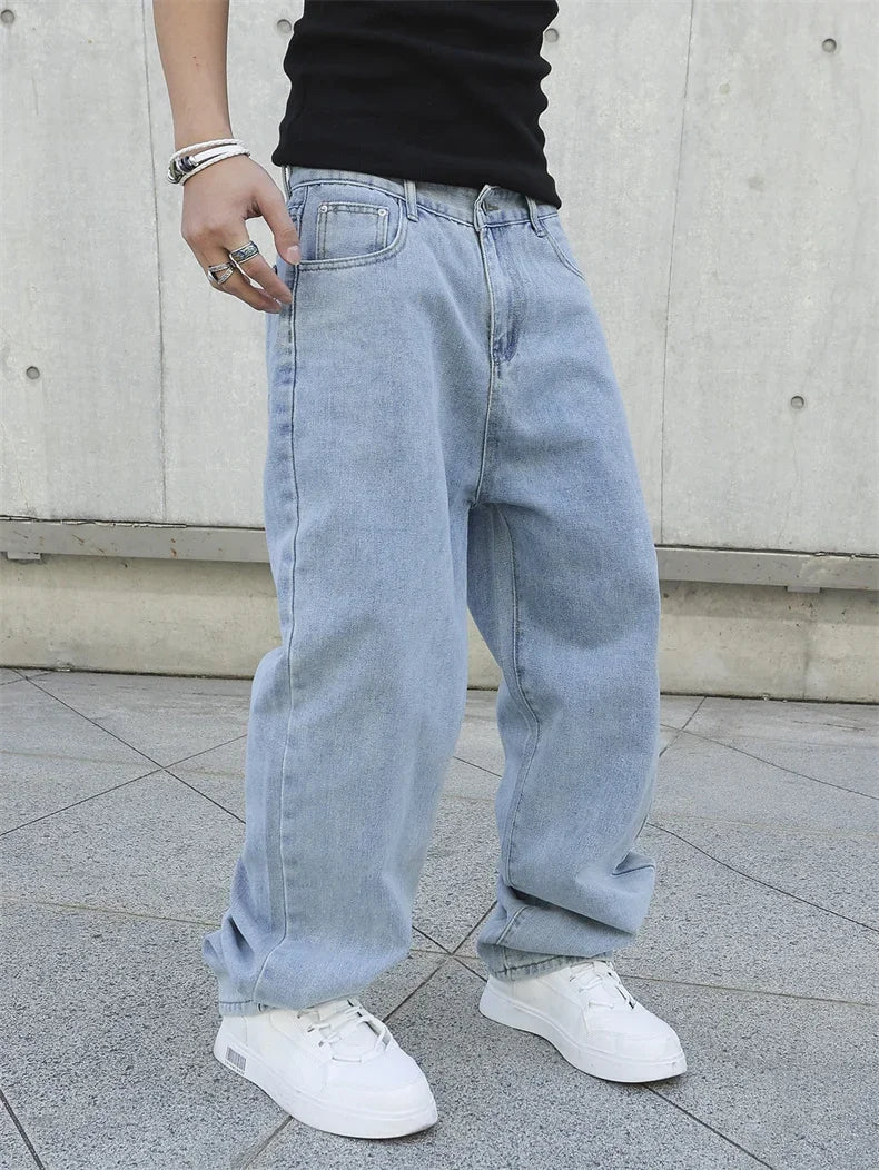 Calças Jeans Masculinas Largas de Outono e Primavera, Oversize, Straight, Soltas, Casuais, Denim, Cor Sólida, Streetwear, Moda Y2k, Calças de Pernas Largas