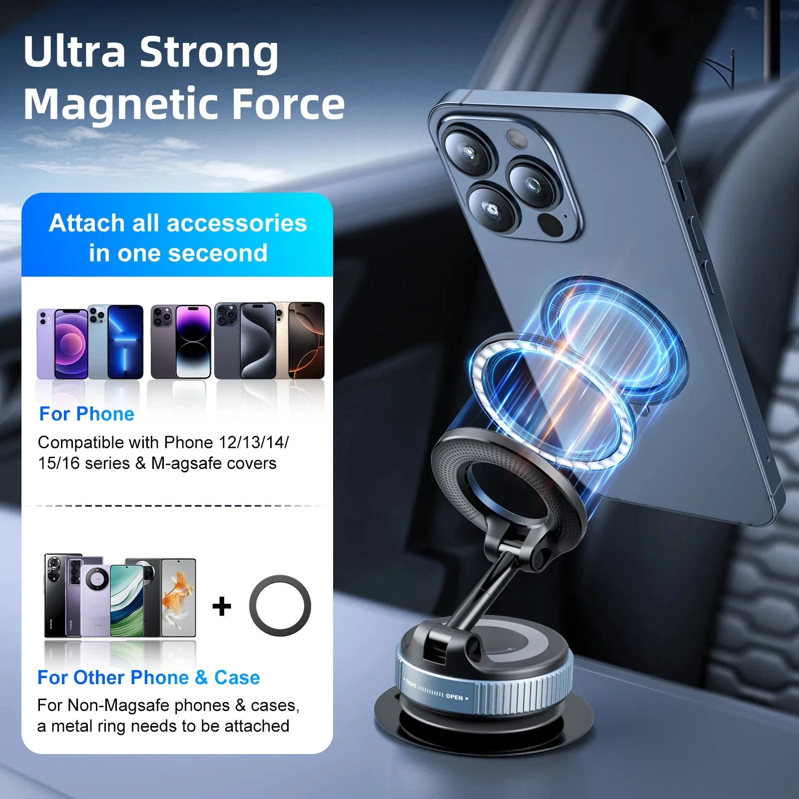 Suporte magnético para telefone de carro, ventosa mecânica a vácuo, rotação de 360°, suporte de adsorção magnética, navegação, suporte universal