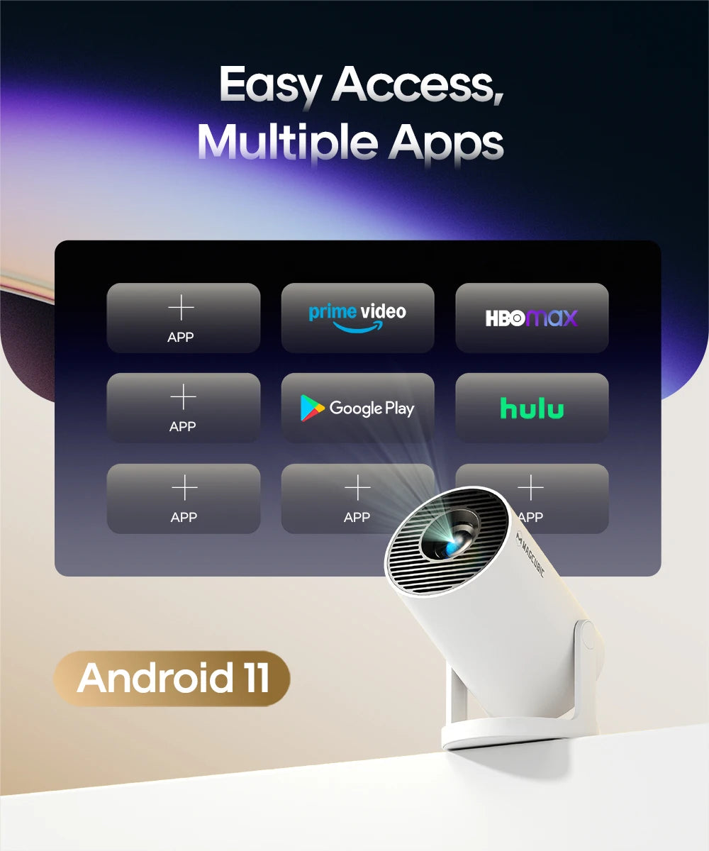 Projetor Magcubic Android 11 4K 1280*720P HY300 Pro + Dual Wifi 290ANSI Projetor Portátil de Cinema ao Ar Livre Flexível a 180° BT5.0