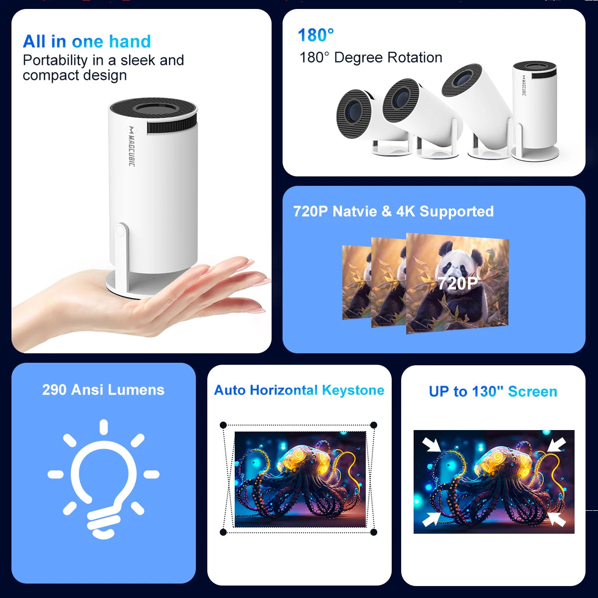 Projetor Magcubic Android 11 4K 1280*720P HY300 Pro + Dual Wifi 290ANSI Projetor Portátil de Cinema ao Ar Livre Flexível a 180° BT5.0