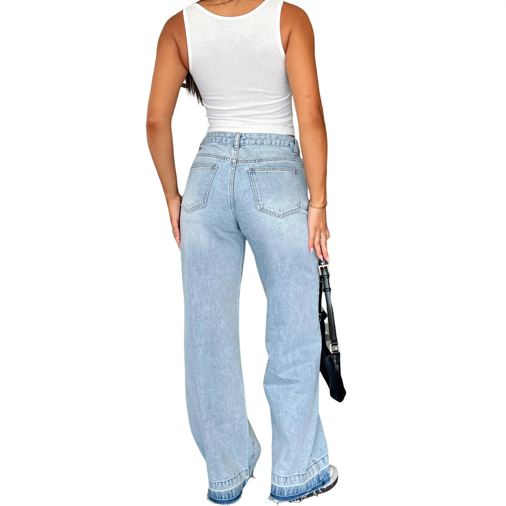 Calça Jeans Feminina Mom Longa Mid Waist Reta Trousers Y2k Streetwear Elegante Splice Club Simples Primavera 2025 Azul