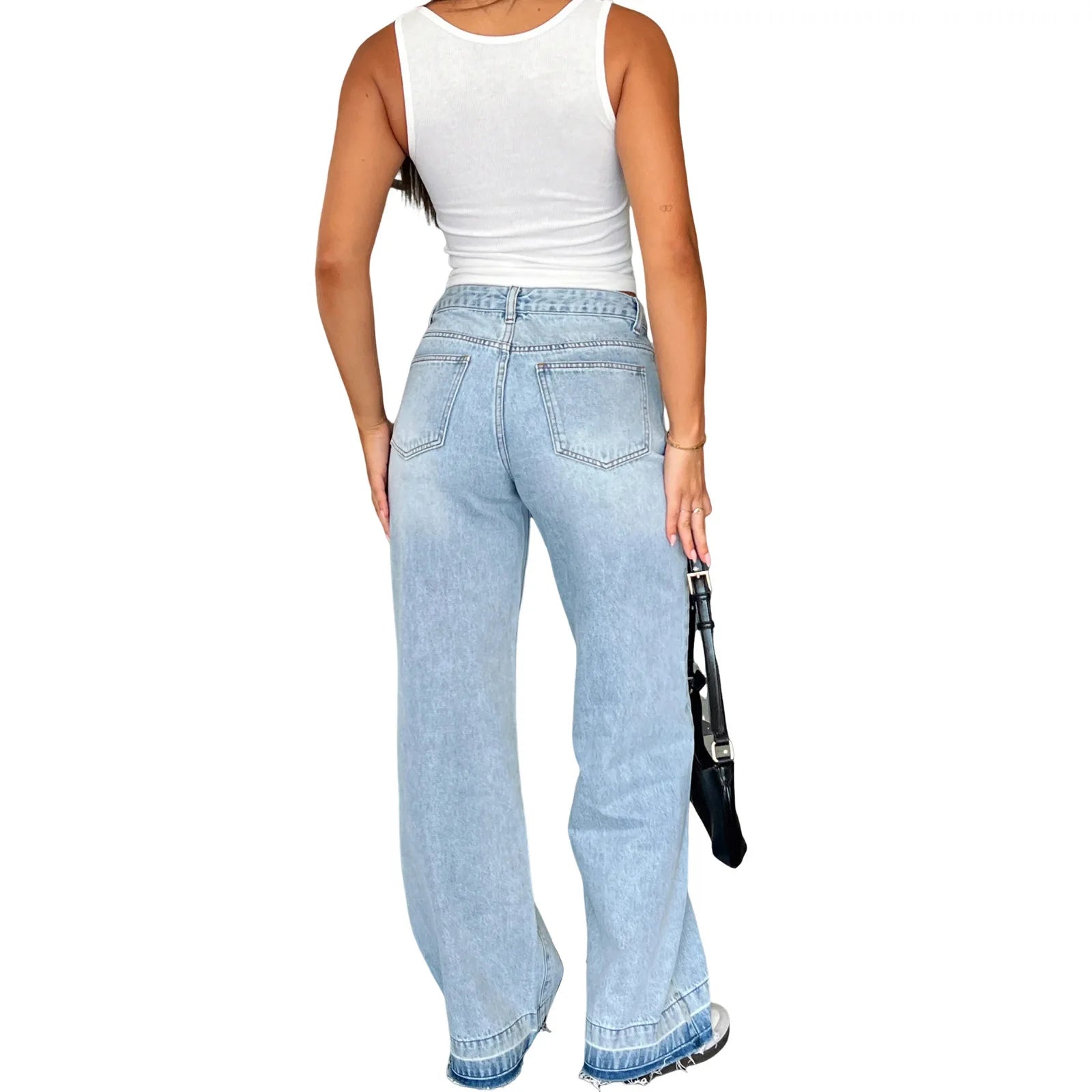 Calça Jeans Feminina Mom Longa Mid Waist Reta Trousers Y2k Streetwear Elegante Splice Club Simples Primavera 2025 Azul