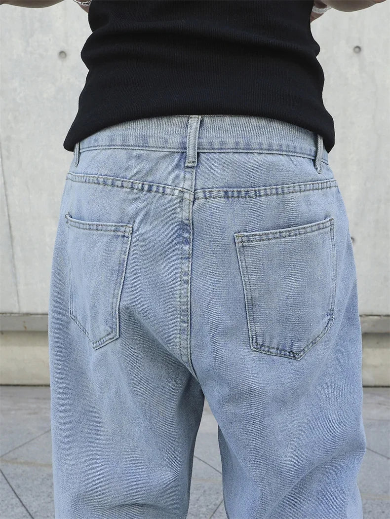 Calças Jeans Masculinas Largas de Outono e Primavera, Oversize, Straight, Soltas, Casuais, Denim, Cor Sólida, Streetwear, Moda Y2k, Calças de Pernas Largas