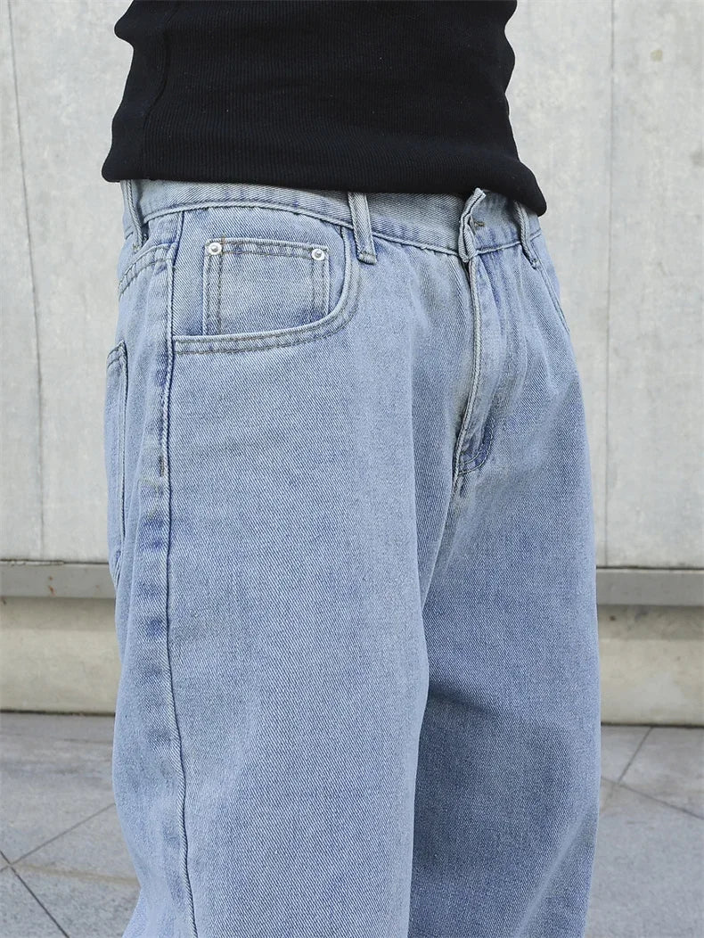 Calças Jeans Masculinas Largas de Outono e Primavera, Oversize, Straight, Soltas, Casuais, Denim, Cor Sólida, Streetwear, Moda Y2k, Calças de Pernas Largas