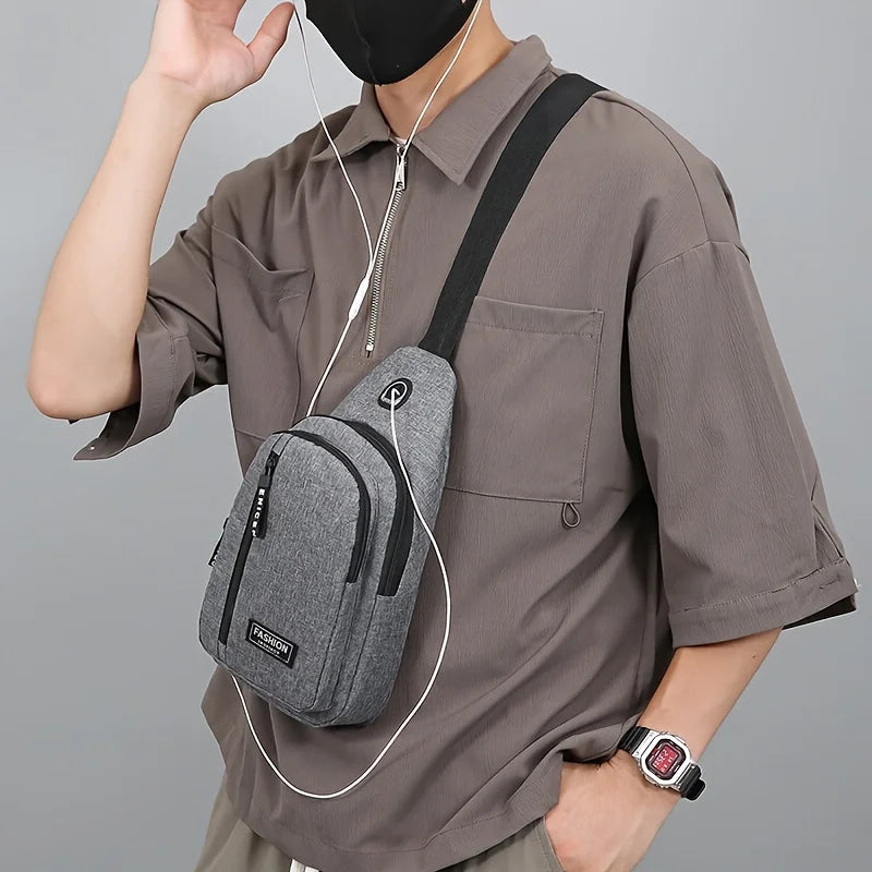 Bolsa de peito masculina com furo para fone de ouvido, grande capacidade, Oxford, esportes ao ar livre, moda, pequena mochila, bolsa de ombro masculina