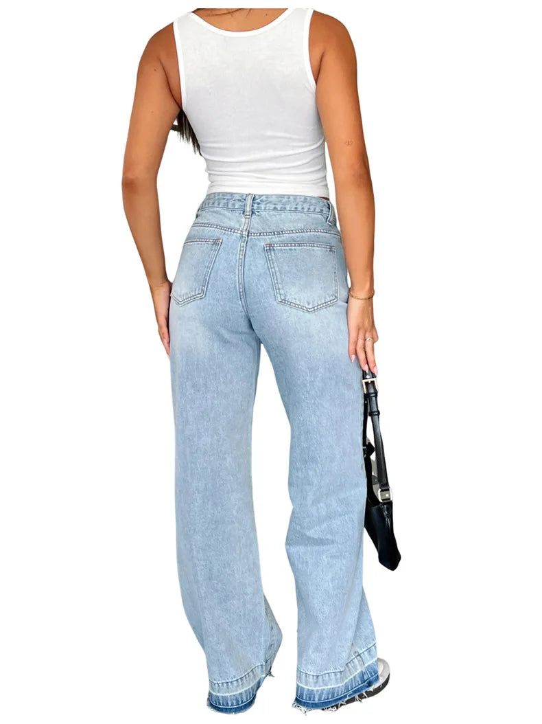 Calça Jeans Feminina Mom Longa Mid Waist Reta Trousers Y2k Streetwear Elegante Splice Club Simples Primavera 2025 Azul