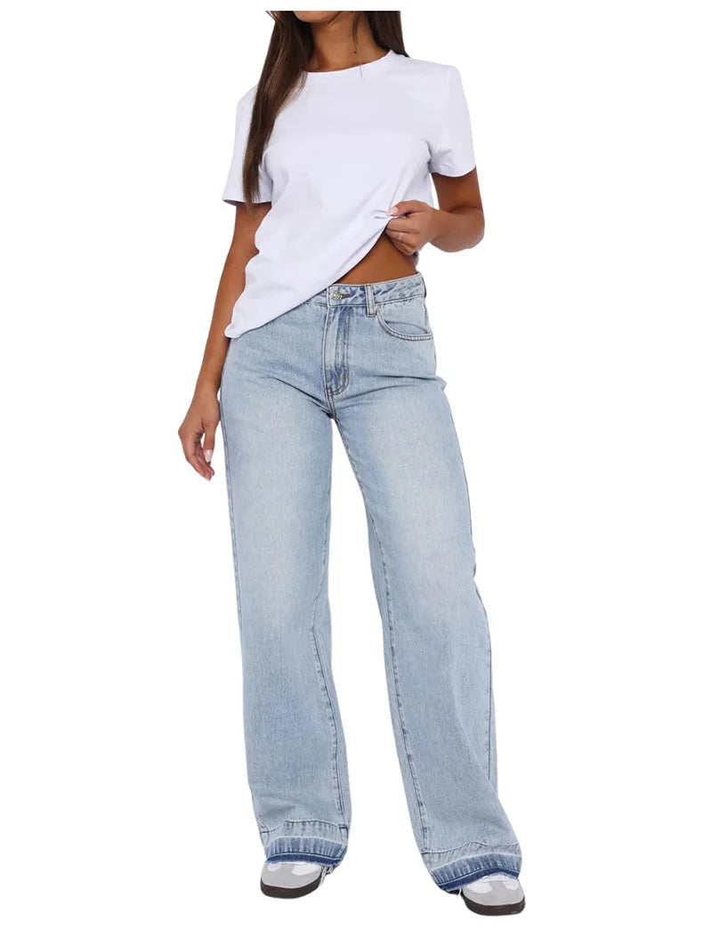 Calça Jeans Feminina Mom Longa Mid Waist Reta Trousers Y2k Streetwear Elegante Splice Club Simples Primavera 2025 Azul