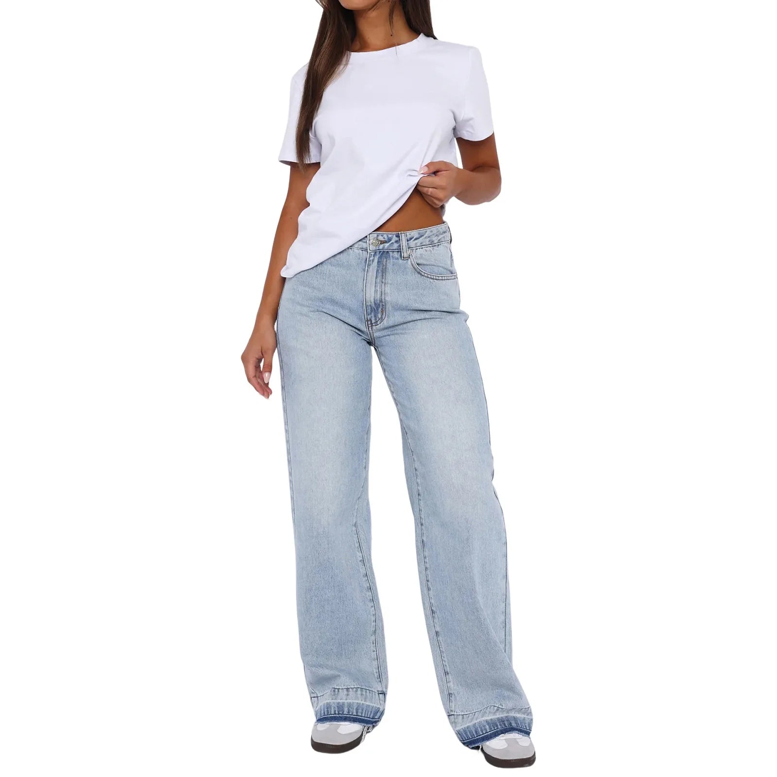 Calça Jeans Feminina Mom Longa Mid Waist Reta Trousers Y2k Streetwear Elegante Splice Club Simples Primavera 2025 Azul