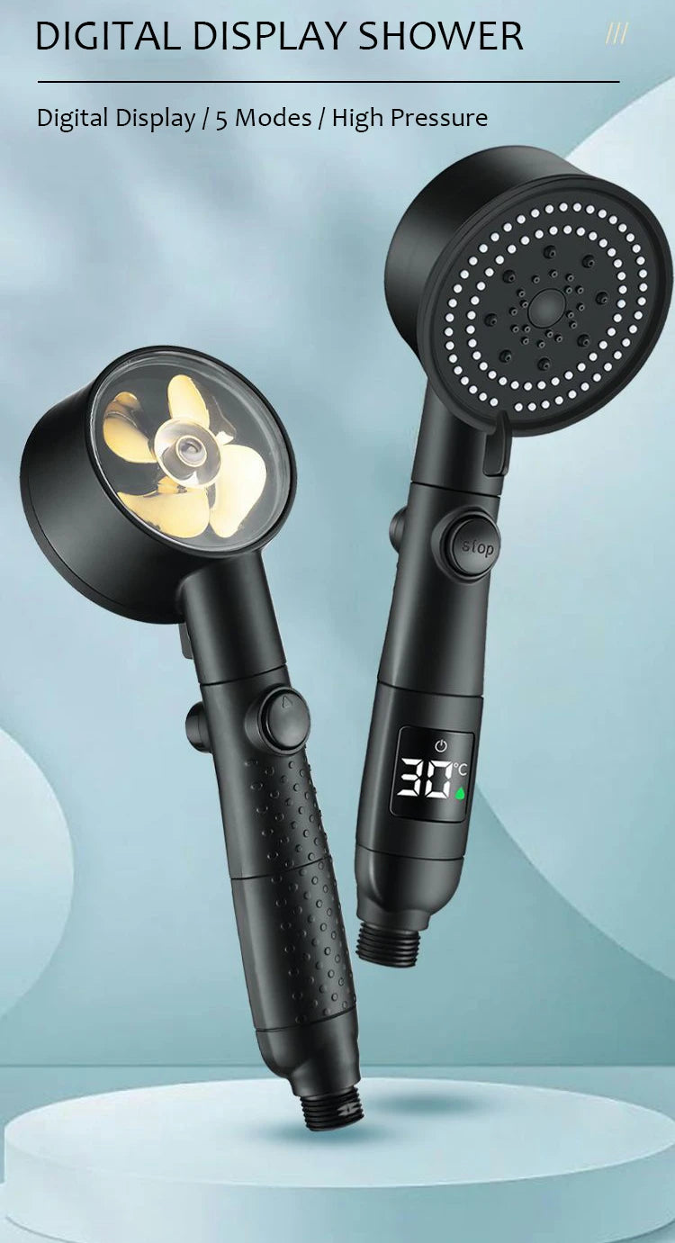 Chuveiro de alta pressão com temperatura inteligente, visor digital, graus de rotação, com ventilador pequeno, acessórios de banheiro ABS Rain