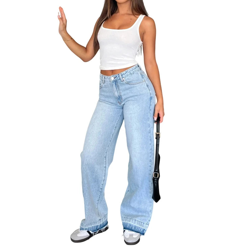 Calça Jeans Feminina Mom Longa Mid Waist Reta Trousers Y2k Streetwear Elegante Splice Club Simples Primavera 2025 Azul