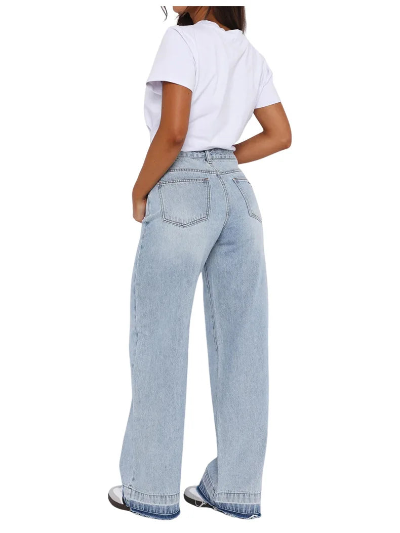 Calça Jeans Feminina Mom Longa Mid Waist Reta Trousers Y2k Streetwear Elegante Splice Club Simples Primavera 2025 Azul