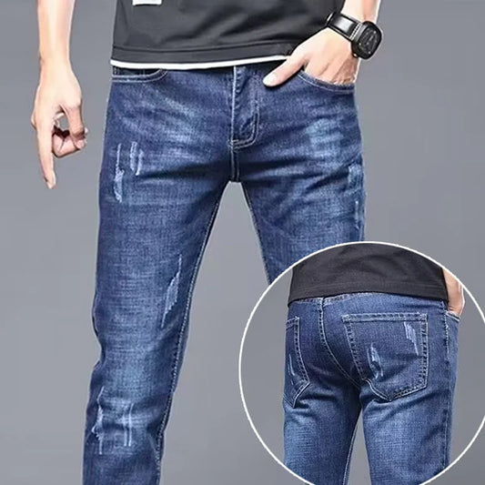Jeans masculinos estilosos e clássicos — modelo casual para negócios, adequado para uso nas quatro estações, disponível em preto e azul, cintura média, tecido denim, calça masculina.