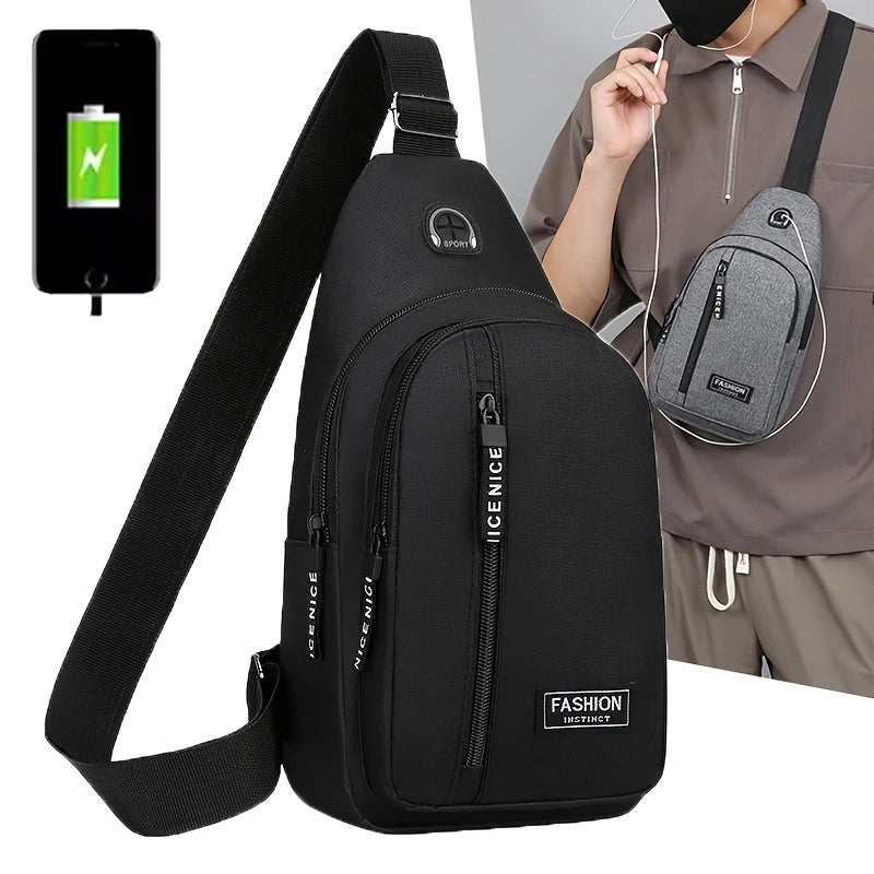 Bolsa de peito masculina com furo para fone de ouvido, grande capacidade, Oxford, esportes ao ar livre, moda, pequena mochila, bolsa de ombro masculina
